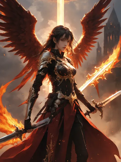 (dramatic, gritty, intense:1.4),masterpiece, best quality, 32k uhd, insane details, intricate details, hyperdetailed, hyper quality, high detail, ultra detailed, Masterpiece, super vista,
Super powerful flame angel flies out of the clouds, behind him is golden meteor magic surrounding his body, Gothic style, gorgeous golden armor, huge flame great sword, rich background, sword art background, film shooting, depth of field, Super visual, Super visual
1girl, 
<lora:XL~Q?-_Bpo:0.7>