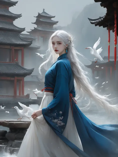 (dramatic, gritty, intense:1.4),masterpiece, best quality, 32k uhd, insane details, intricate details, hyperdetailed, hyper quality, high detail, ultra detailed, Masterpiece, super vista,
masterpiece,best quality,official art,extremelydetailed cg 8k wallpaper,Surrealism(wide-angle lens,Panoramic:1.2),(Real waterRealistic waterflowing water:1.5)
1girl,(Eye contact:1.2)(white hair:1.1)( absurdly long hair:1.5), hair accessories, (full body:1.5), (Slim body:1.1)(long legs:1.3),
Blue and white Hanfu with flowing sleevesnecklace,Chinese style clothes,Chinese Han clothing,(flying petals),upper body,arms behind back,
(detailed ice),crystalstexture skin,cold expression,white hair,long hair,messy hair,blue eye, looking at viewer, extremely delicate and beautiful,water,((beauty detailed eye)),highly detailed,cinematic lighting,((beautiful face)), fine water surface,(original figure painting),ultra-detailed,incredibly detailed,(an extremely delicate and beautiful), beautiful detailed eyes.
Background: Chinese architecture flower and bird Tower beautiful lake(best quality)   miniature   bonsai
A shot with tension(Visual impact,giving the poster a dynamic and visually striking appearance:1.2),Chinese Zen style,impactful picture, (Dynamic Angle, Perspective:1.2), 
<lora:XL~Q?-_Bpo:0.7>