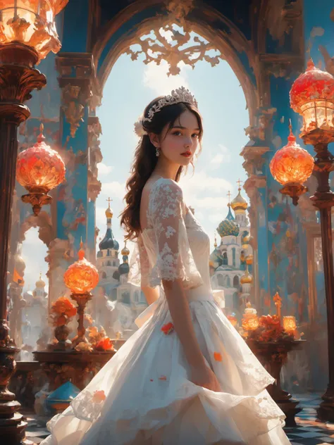 (dramatic, gritty, intense:1.4),masterpiece, best quality, 32k uhd, insane details, intricate details, hyperdetailed, hyper quality, high detail, ultra detailed, Masterpiece, super vista, super wide AngleLow Angle shooting, super wide lens,
Low Angle shooting, super wide lens, A white-haired girl, white lace dress with a scalloped hem, with Rococo style decoration, gorgeous, An architectural structure made of multicolored geometric shapes, saturated pigment pools, fluid movements, reimagined religious art, resembles towering Russian block architecture, extremely detailed textures and lights, photorealistic 32K resolution
1girl, (full body:1.7),
 <lora:XL~Q?-_Bpo:0.7>