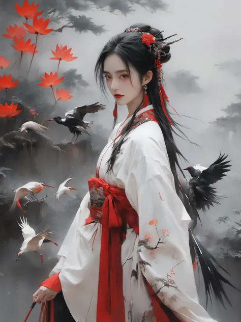 (dramatic, gritty, intense:1.4),masterpiece, best quality, 32k uhd, insane details, intricate details, hyperdetailed, hyper quality, high detail, ultra detailed, Masterpiece, super vista,
high resolution , Best quality , UHD , ultra-detailed , fullbody shot , Wuxia , Hanfu , Chinese ink , Chinese calligraphy , Ancient Chinese sword , Red-crowned crane , Chinese painting , lnk and wash painting , Daoism , Lotus , Mamoru Oshii , Akihiko Yoshida,
1girl, 
 <lora:XL~Q?-_Bpo:0.8>