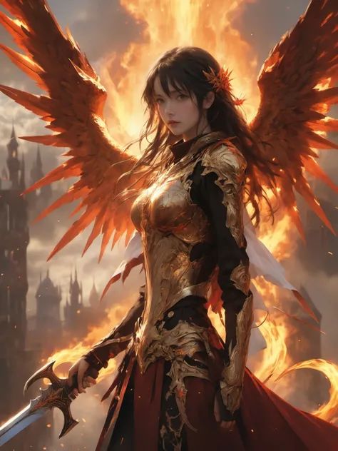 frontal, close up, floating in the air, ((1 woman, she is a fire fairy, alone, luminescent red hair, medium and shiny hair, thick lips, Red eyes, fairy wings, ethereal beauty.)) fire wings, ((He holds a gold, flaming staff with both hands)) ((She is dressed with: fire fairy clothing, ethereal and mystical dress, ruby armor )). angry and radiant look, expression of anger. ((sky, intense light particles, sparks from a magic circle)) ((around: un sky dimensional, with lights and fire, Intricate, luminescent vines, Light rays)) ((realist, fotorrealista:1.3), masterpiece, extremely detailed pale body, half body.))