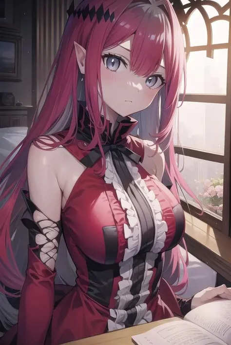 baobhansith, <lora:baobhansith-lora-nochekaiser:1>,
baobhan sith, (grey eyes:1.5), long hair, pink hair, pointy ears,
BREAK cross-laced clothes, cross-laced dress, cross-laced legwear, detached sleeves, dress, pink dress, frilled dress, frills, hair ornament, red ribbon, red sleeves, ribbon,
BREAK looking at viewer,
BREAK indoors, bed,
BREAK <lyco:GoodHands-beta2:1>, (masterpiece:1.2), best quality, high resolution, unity 8k wallpaper, (illustration:0.8), (beautiful detailed eyes:1.6), extremely detailed face, perfect lighting, extremely detailed CG, (perfect hands, perfect anatomy),