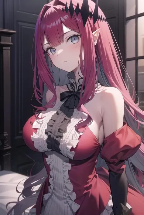 baobhansith, <lora:baobhansith-lora-nochekaiser:1>,
baobhan sith, (grey eyes:1.5), long hair, pink hair, pointy ears,
BREAK cross-laced clothes, cross-laced dress, cross-laced legwear, detached sleeves, dress, pink dress, frilled dress, frills, hair ornament, red ribbon, red sleeves, ribbon,
BREAK looking at viewer,
BREAK indoors, bed,
BREAK <lyco:GoodHands-beta2:1>, (masterpiece:1.2), best quality, high resolution, unity 8k wallpaper, (illustration:0.8), (beautiful detailed eyes:1.6), extremely detailed face, perfect lighting, extremely detailed CG, (perfect hands, perfect anatomy),