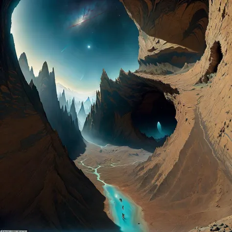 dan-seagrave-art-style, small demonic black vulture against a (((wide open and deep cerulean sky))), nebula caves below and sunny rocky spires above, ominous art ((((cerulean and dark brown coloring ONLY)))(((in the style of dan seagrave)))