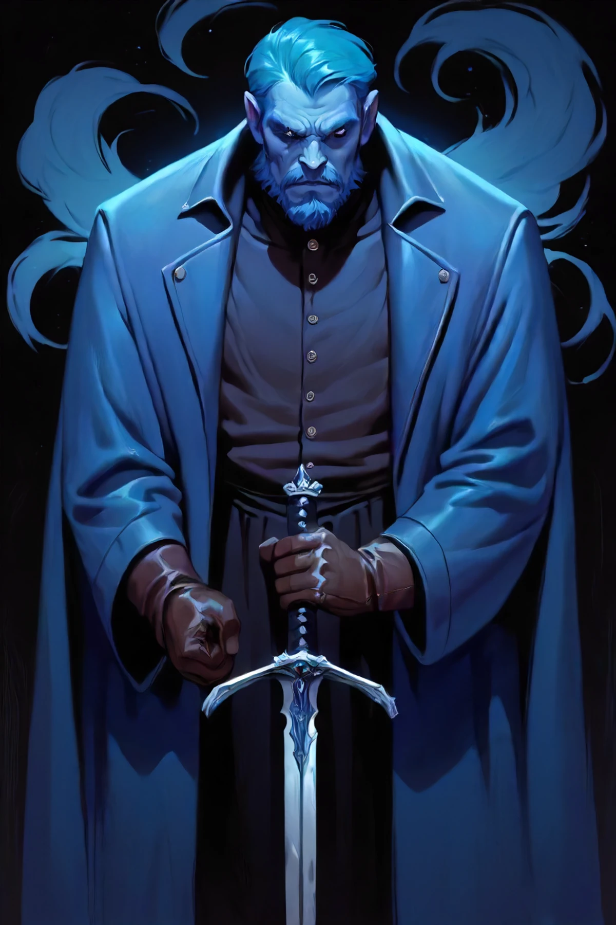 zPDXL2, pny-safe, dark-skinned male, 1boy, dark-coat, dark-gloves, long coat, gloves, holding, holding sword, holding weapon, male focus, blue theme, black background, solo, standing, sword, weapon, white background, beard, facial hair, vest, wrinkled skin, <lora:Dark_Fantasy_Painting__Pony:0.8> action_shot