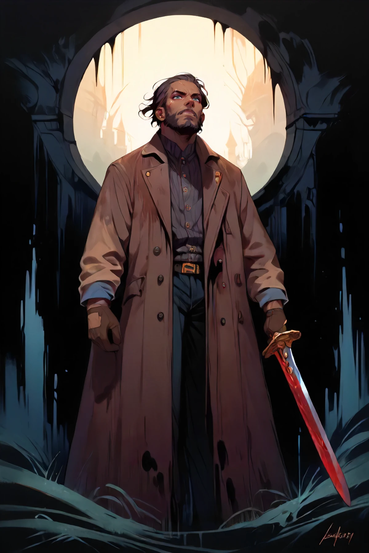 zPDXL2, pny-safe, dark-skinned male, <lora:eyes:1.2> 1boy, dark-coat, dark-gloves, long coat, gloves, holding, holding sword, holding weapon, male focus, black background, solo, standing, sword, weapon, white background, beard, facial hair, vest, wrinkled skin, <lora:Dark_Fantasy_Painting__Pony:0.8> action_shot