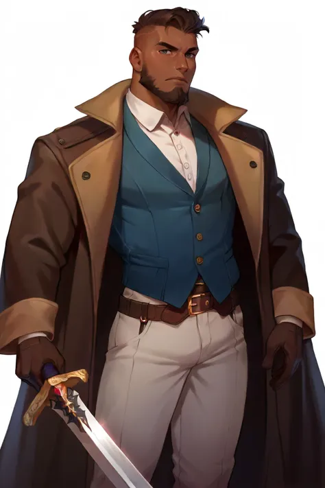 zPDXL2, pny-safe, dark-skinned male, 1boy, dark-coat, dark-gloves, long coat, gloves, holding, holding sword, holding weapon, male focus, simple background, solo, standing, sword, weapon, white background, beard, facial hair, vest, wrinkled skin,