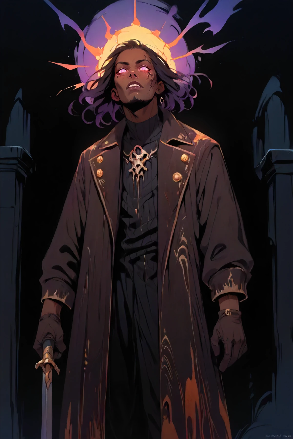 zPDXL2, pny-safe, dark-skinned male, <lora:eyes:1.2> dark fantasy style, 1boy, dark-coat, dark-gloves, long coat, holding weapon, male focus, black background, solo, standing, <lora:Dark_Fantasy_Painting__Pony:0.8> action_shot, glowing eyes,