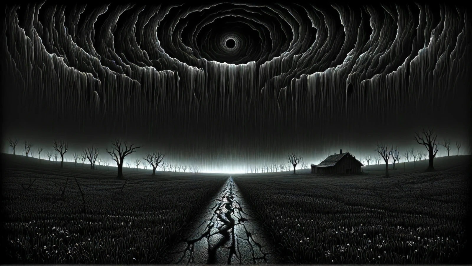 landscape, (<lora:DonM3v1lM4dn355XL-v1.1-000012:0.6>, DonM3v1lM4dn355XL, dark, Evil-Madness) (rural) , Radial balance composition, bpe-bluetone