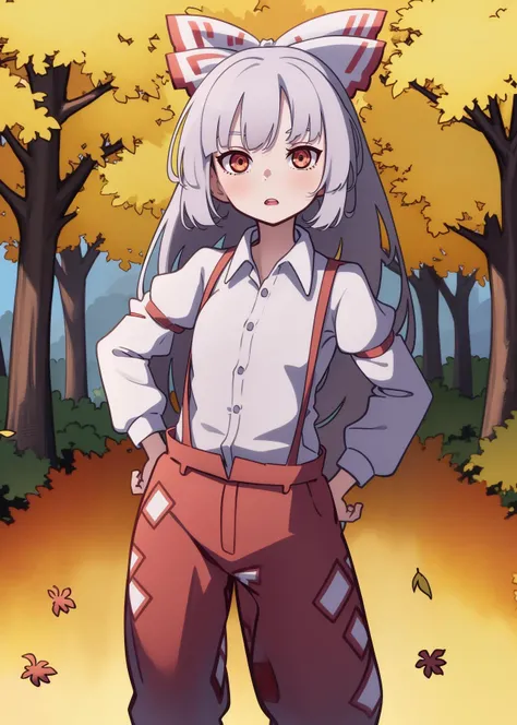 1girl, solo, cowboy shot, (fujiwara no mokou:1.25), hands on hips, autumn, falling yellow leaves, park with trees
<lora:kame_rebake_old_v2-000020:unet=1:te=1>