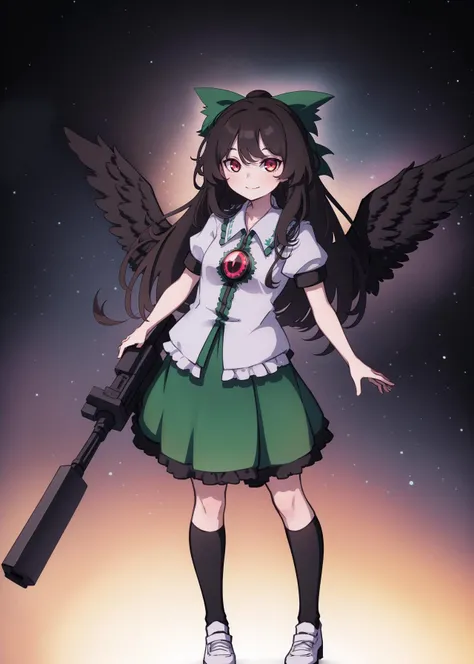 1girl, solo, reiuji utsuho, long hair, looking at viewer, smile, bangs, skirt, simple background, brown hair, shirt, black hair, red eyes, white background, bow, closed mouth, full body, white shirt, weapon, short sleeves, hair bow, frills, wings, shoes, socks, puffy sleeves, collared shirt, cape, puffy short sleeves, kneehighs, frilled skirt, green skirt, black socks, third eye, green bow, black wings, frilled shirt collar, bird wings, arm cannon, white cape, asymmetrical footwear, mismatched footwear, starry sky print
<lora:kame_rebake_old_v2-000020:unet=1:te=1>