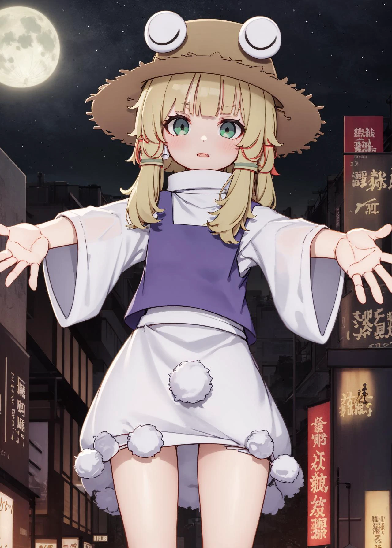 1girl, solo, cowboy shot, (moriya suwako:1.2), outstretched arms, colorful, high tech, cyberpunk, city, neon banners, night, moon
<lora:kame_rebake_modern_v2-000020:1>
