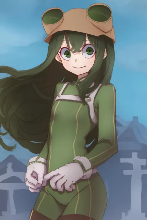 masterpiece, highest quality, cowboy shot, best quality, 1girl, solo, looking at viewer,  outside, cemetery, 
asui tsuyu, black eyes, black hair, bodysuit, boku no hero academia, frog girl, gloves, goggles, green bodysuit, long hair, <lora:my_LoRA_asuitsuyu_v1:0.6>
 kamepan, <lyco:kame_locon_version:1>