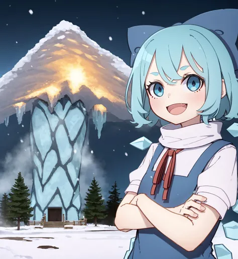 kamepan, 1girl, (cirno), smile, upper body, a scene all frozen and full of snow with stalactites, crossed arms