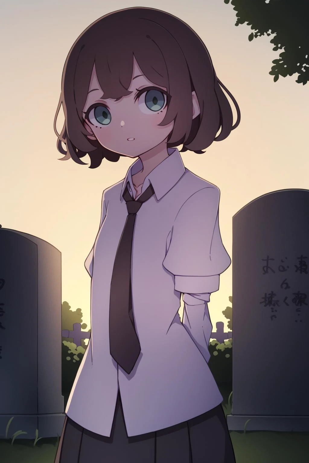 masterpiece, highest quality, cowboy shot, best quality, 1girl, solo, looking at viewer, outside, cemetery,
tezuka rin, (armless amputee:1.2), brown hair, collar, collared shirt, (double amputee:1.2), green eyes, katawa shoujo, necktie, shirt, short hair, solo, white shirt, <lora:my_TezukaRin_v1:0.7>
kamepan, <lyco:kame_locon_version:1>