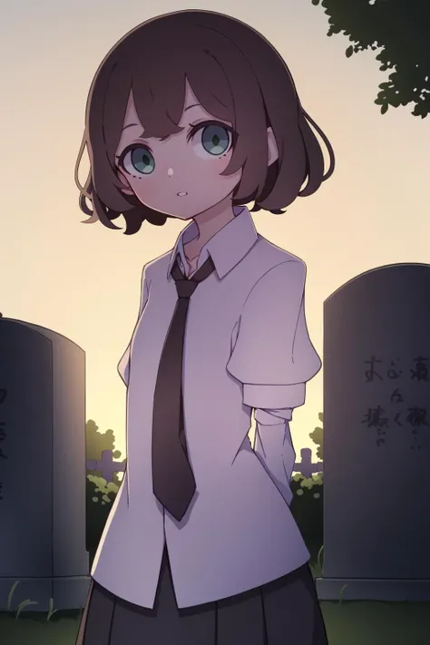 masterpiece, highest quality, cowboy shot, best quality, 1girl, solo, looking at viewer,  outside, cemetery, 
tezuka rin, (armless amputee:1.2), brown hair, collar, collared shirt, (double amputee:1.2), green eyes, katawa shoujo, necktie, shirt, short hair, solo, white shirt, <lora:my_TezukaRin_v1:0.7>
 kamepan, <lyco:kame_locon_version:1>