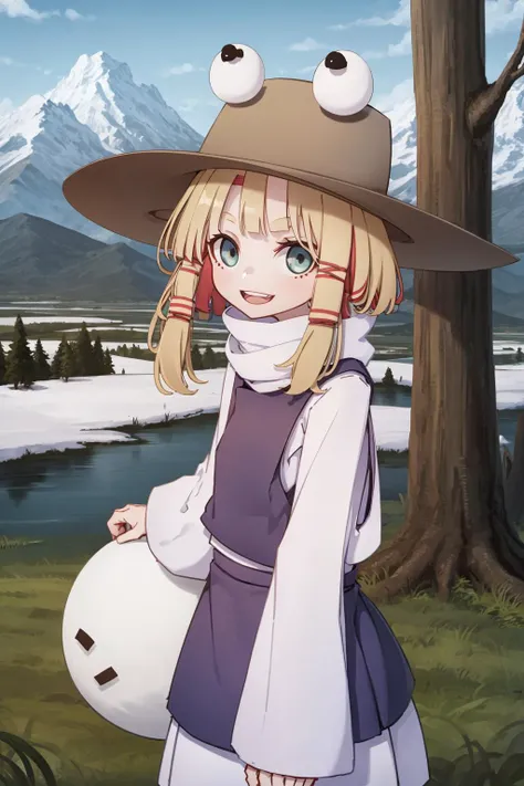 kamepan, 1girl, (moriya suwako:1.2), (cowboy shot), smile, snow valley, field, frozen trees, mountains, snowman