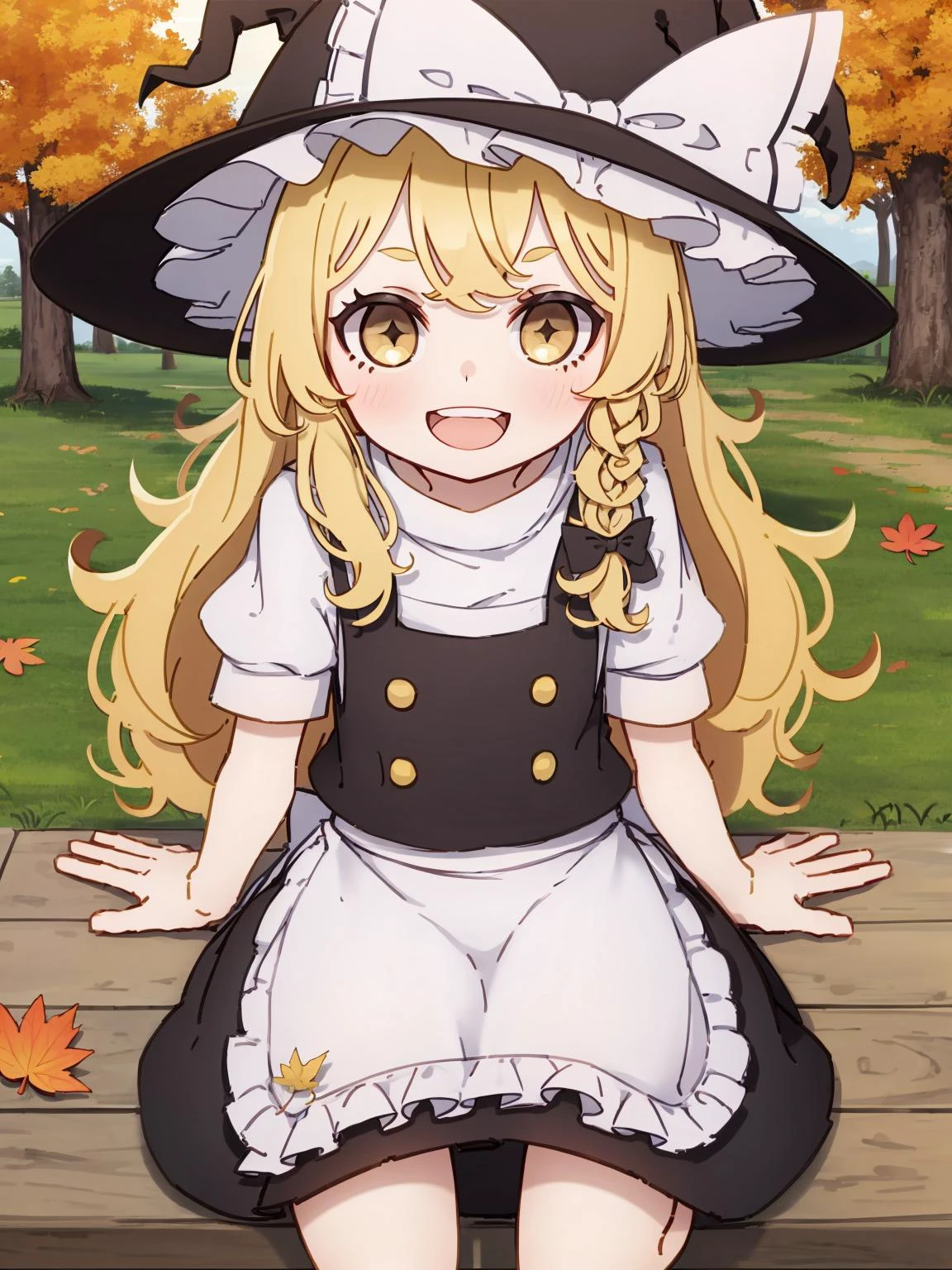 kamepan, 1girl, (kirisame marisa:1.2), cowboy shot, happy, smile, sitting, from above, autumn, falling yellow leaves, park with trees