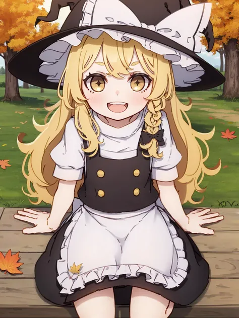 kamepan, 1girl, (kirisame marisa:1.2), cowboy shot, happy, smile, sitting, from above, autumn, falling yellow leaves, park with trees