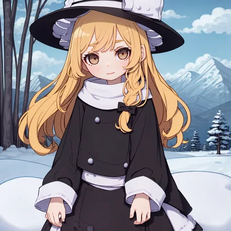 masterpiece, best quality, highly detailed, (1girl, kirisame marisa, cowboy shot, km), snow valley, field, frozen trees, mountains, snowman