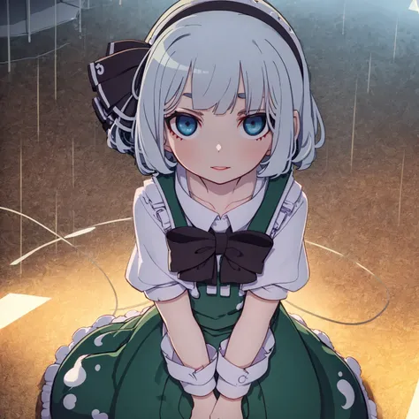 masterpiece, best quality, highly detailed, (extremely detailed face and eyes), (1girl, konpaku youmu, white hair:1.2), (cowboy shot, km), (chiaroscuro:1.1) neon lights, cyberpunk, cyberpunk city, graffiti, (rain, puddle)