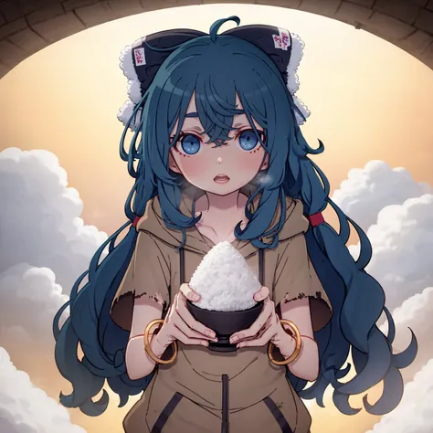km, 1girl, armlet, bangle, blue bow, blue hair, bow, bowl, bracelet, cracked bowl, d:, debt, fingernails, glowing, hair between eyes, hair bow, holding, holding bowl, jewelry, light blush, long hair, looking down, open mouth, rice, rice bowl, round teeth, simple background, solo, steam, teeth, torn, torn clothes, torn hoodie, upper body, upper teeth only, wide-eyed