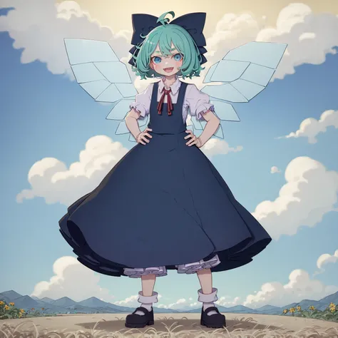 km, 1girl, ahoge, black footwear, bloomers, blue bow, blue dress, blue eyes, blue hair, blush stickers, bow, collared shirt, detached wings, dress, fairy, fang, full body, hair bow, ice, ice wings, looking at viewer, open mouth, puffy short sleeves, puffy sleeves, shirt, shoes, short hair, short sleeves, skin fang, smile, solo, standing, underwear, white background, white bloomers, white shirt, wings