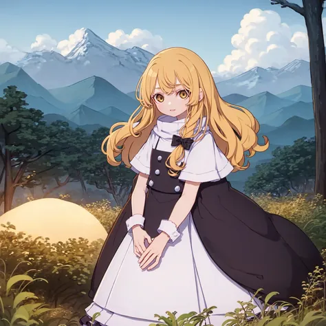 masterpiece, best quality, highly detailed, (1girl, kirisame marisa, cowboy shot, km), snow valley, field, frozen trees, mountains, snowman