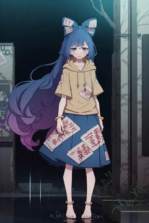 sh, bracelet, 1girl, solo, cowboy shot, standing, very long hair, gradient hair, blue hair, blue bow, hair bow, grey hoodie, hood down, blue eyes, aura, (ofuda:1.2), blue skirt, (chiaroscuro:1.1) neon lights, cyberpunk, cyberpunk city, graffiti, (rain, puddle)