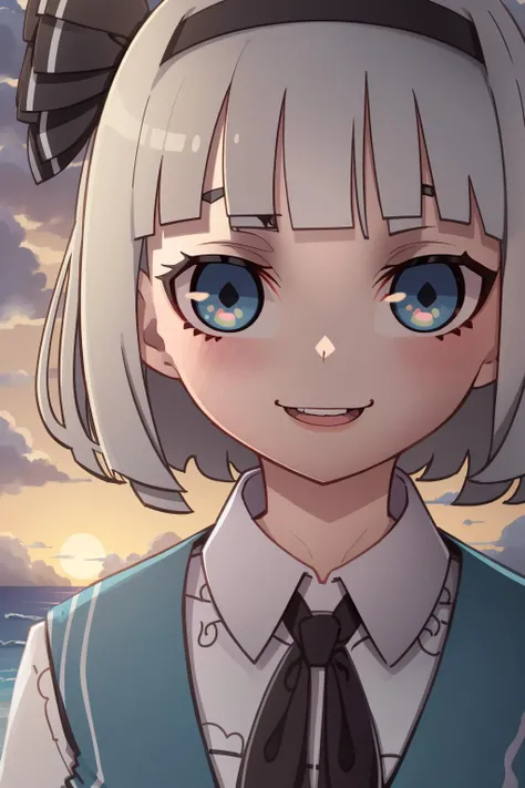 1girl, km, (konpaku youmu:1.2), (close-up, intricately detailed face and eyes, face focus, portrait, smile:1.1), sea, ocean, beach, cloudy, sunrays, dusk, moon, cloud, sky, outdoors, cloudy sky, leaf, ruins, sunbeam, post-apocalypse