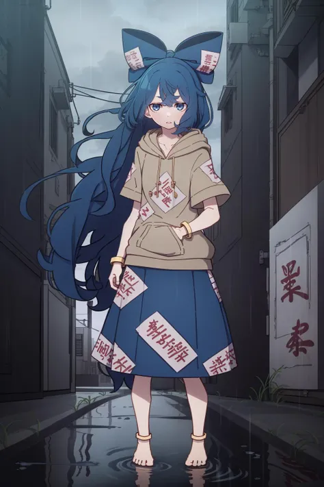 sh, bracelet, 1girl, solo, cowboy shot, standing, very long hair, gradient hair, blue hair, blue bow, hair bow, grey hoodie, hood down, blue eyes, aura, (ofuda:1.2), blue skirt, (chiaroscuro:1.1) neon lights, cyberpunk, cyberpunk city, graffiti, (rain, puddle)