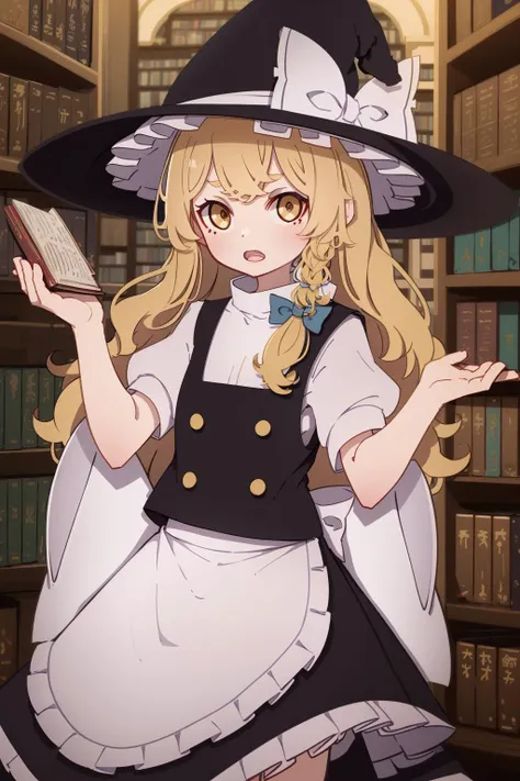 1girl, km, (kirisame marisa:1.2), (cowboy shot), (in library:1.2), (garish clothes:1.1), D&D, medieval fantasy, (beautiful detailed library:1.2), (intricately detailed background:1.1), splash art