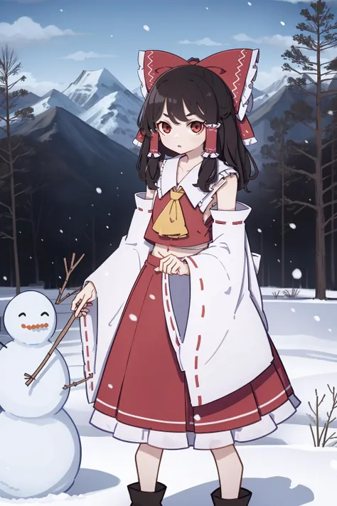 1girl, km, (hakurei reimu:1.2), (cowboy shot), snow valley, field, frozen trees, mountains, snowman