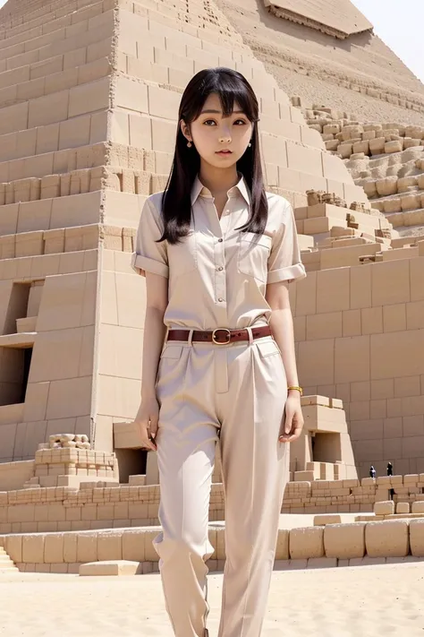 <lora:emi_kurita_obj20:0.5>, full_body, standing, sandals, (shirt), pants, (egyptian pyramids), (emi_kurita: 1.3), perfect face, (contact iris: 1.1), pale skin, skin pores , depth of field