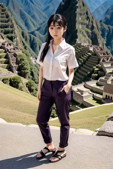 <lora:emi_kurita_obj20:0.5>, full_body, standing, sandals, (shirt), pants, (macchu picchu), (emi_kurita: 1.3), perfect face, (contact iris: 1.1), pale skin, skin pores , depth of field