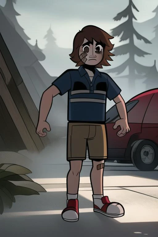 <lora:tart-03:1.5> tart, , forest, full body, 1boy <lora:fnaf gregory-06:1> gregory, brown hair, shirt, child , blue shirt, bandaid, bandaid on face, brown shorts, striped shirt, masterpiece, best quality