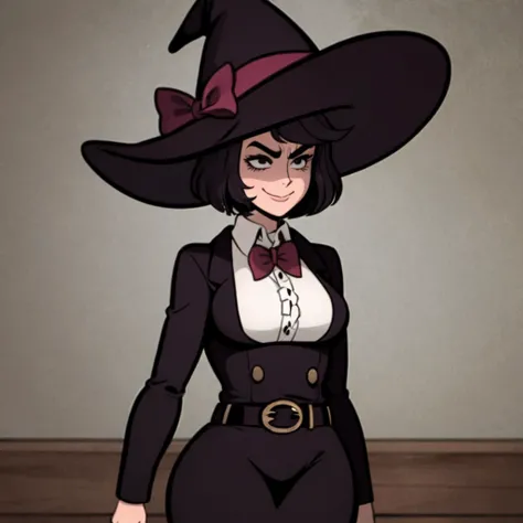 solo mature 1girl, small witch hat, smirk, bowtie, brooch, frills, short hair, tomboy, belt pouch, 30 year old woman,
<lyco:tart-03:1.0> tart, parody, thick outline,
