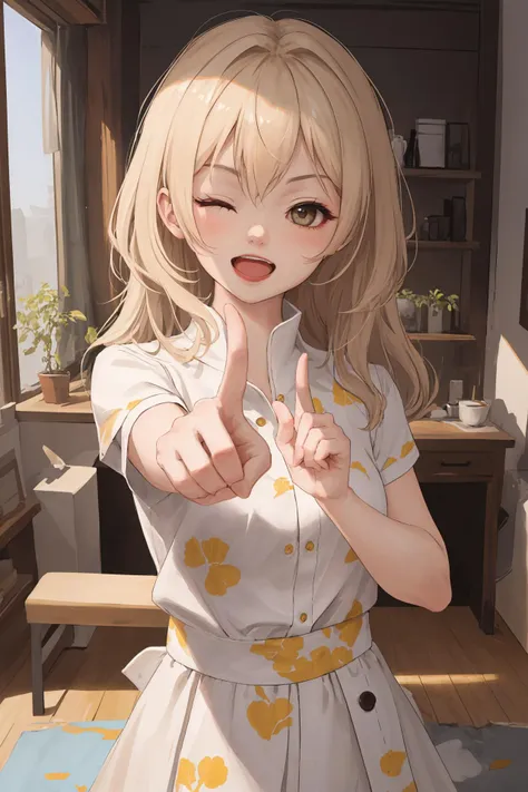 (best quality, masterpiece, highres),1girl,solo,beige hair,empty eyes,open mouth,one eye closed,smirk,
<lora:koi-dance:1> koi dance solo,index finger raised,