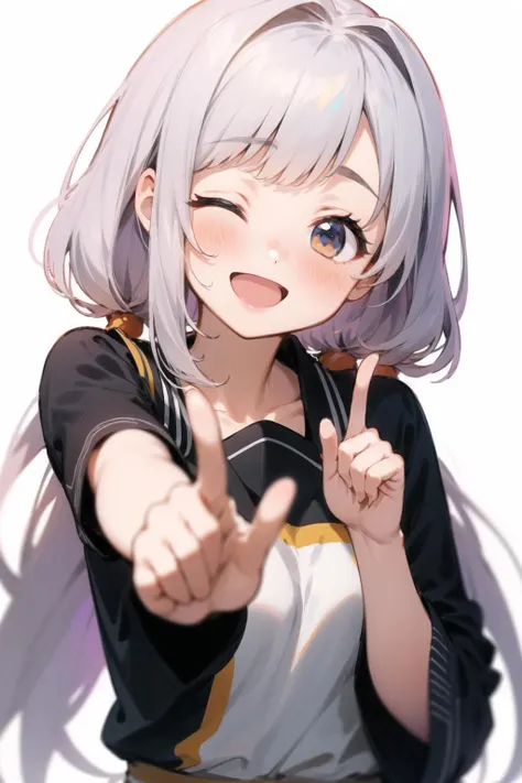 1girl, koi dance solo, index finger raised, upper body, looking at viewer, blush, smile, one eye closed, open mouth, head tilt, white background, simple background <lora:koi-dance:1.0>