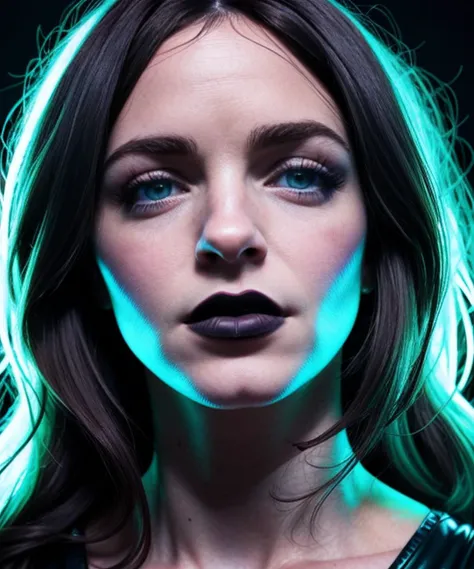 face closeup of JackieFialloV1 in a nightclub. Looking into the camera. (Very dark (goth) makeup). Night, dark, neon lighting. Matte skin, pores, colors, hyperdetailed, hyperrealistic. Natural, realistic, photograph.