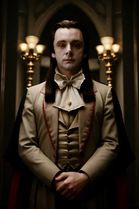 cinematic still, aro_volturi, , upper body, (ascot), taupe 17th century clothes, french, gothic, cinematic lighting, (dark), moody, film grain, indoors <lora:aro_volturi:1>