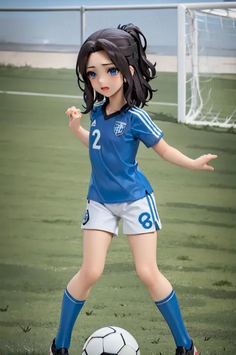 inoris, 1girl,AS-YoungestV2, solo, black hair, blue eyes, full body,playing soccer, soccer field,soccer uniform, grass,white t-shirt with a number, white shorts,medium hair,(soccer ball),ponytail, (best quality, masterpiece) , <lora:inoue_iris_v1:1>