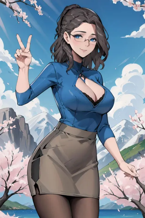 inoris, 1girl,solo,cowboy shot,mature female,brown hair,blue eyes, ponytail,lake, forest, mountain,blue shirt, black bra, grey pencil skirt, pantyhose,cleavage cutout,turtleneck,hair behind ear,,glasses,standing, peace sign, arm on side,smile,cherry blossoms,(best quality, masterpiece)
