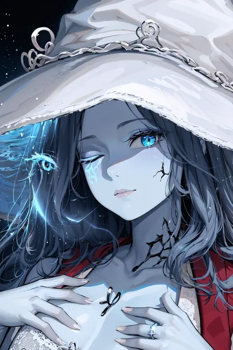 High Quality, Masterpiece, 1girl, IncrsRing, <lora:WeddingRing:1>, close-up, hand focus, wedding ring, hand on own chest, Ranni, wavy hair, colored skin, blue skin, cracked skin, extra arms, extra faces, hat, <lora:Char_EldenRing_Ranni:0.9>
