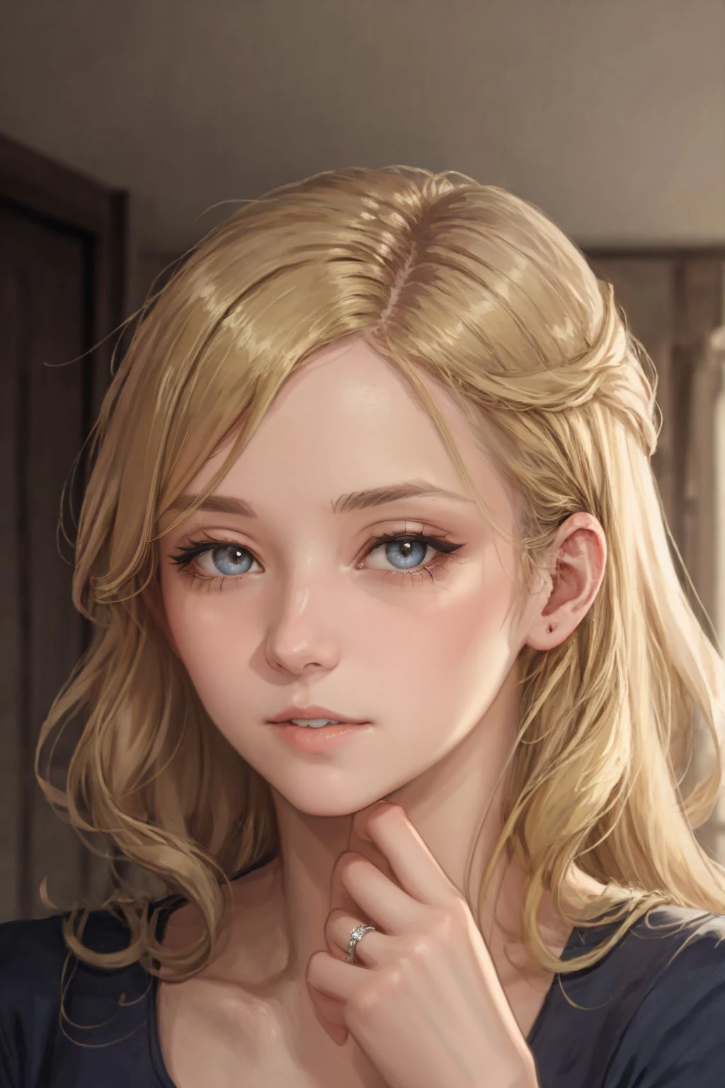 High Quality, Masterpiece, 1woman, Maria, blonde hair, blue eyes, IncrsRing, <lora:WeddingRing:1>, upper body, hand focus, gentle, beautiful, alluring, <lora:MariaV2:.7> <lora:age_slider_v1:-.5> <lora:okawaiikoto_pose:0.8> okawaiikoto pose