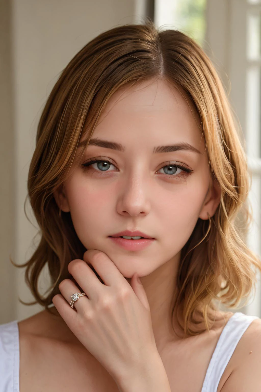 High Quality, Masterpiece, 1woman, Maria, IncrsRing, <lora:WeddingRing:1>, upper body, hand focus, blonde hair, gentle, beautiful, alluring, <lora:MariaV2:.7> <lora:age_slider_v1:-.5> <lora:okawaiikoto_pose:0.8> okawaiikoto pose