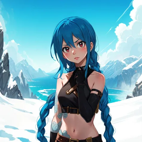 best quality, masterpiece, <lora:Gaston18Prodigy:0.9>, g18, <lora:jinxLeagueOfLegends_v10:1>, JinxLol, 1girl, solo, blush, outdoors, scenery