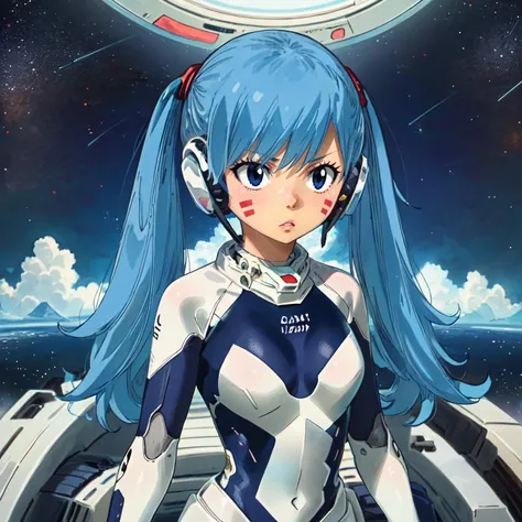 best quality, masterpiece, <lora:Gaston18Prodigy:0.9>, g18, <lora:hermit-000023:0.5>, hermitv1, 1girl, solo, facial mark, blue eyes, blue hair, long hair, twintails, headphones, bodysuit, space, scenery