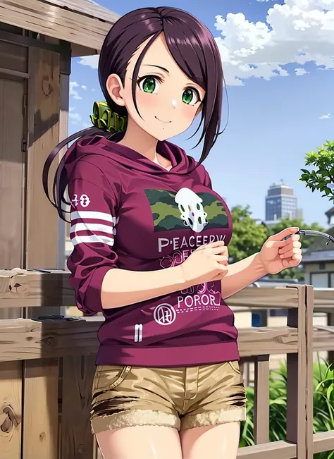 masterpiece, best quality, ultra-detailed, illustration, 1girl, solo, <lora:yamatoAkiTHEIdolmSTER_v24:0.9>, yamato_aki, purple hair, low ponytail, single sidelock, green eyes, hair scrunchie, purple hoodie, hood, hoodie, long sleeves, sleeves rolled up, clothes writing, cutoffs, shorts, brown shorts, torn shorts