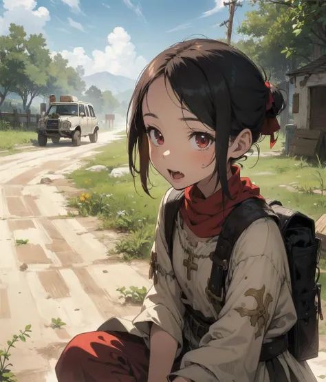 best_quality,Raw,illustration,official art,(muted color,partially colored:0.8),detailed linear hatching\(texture\),recolored,flat color,sunny,(1girl,****,kid,beggar so,medieval_fantasy,dirt road,upper body ),